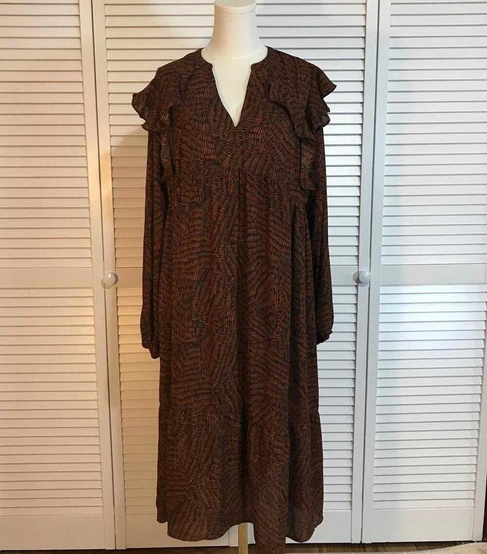 A New Day Whimsigoth Abstract Ruffle Rust Brown Empire Waist Midi Dress L
